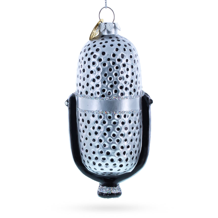 Silver Microphone Blown Glass Christmas Ornament in  color