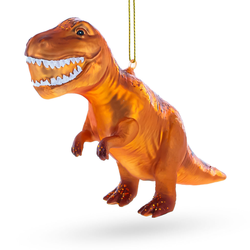 Glass Ferocious T-Rex Dinosaur - Blown Glass Christmas Ornament in Orange color