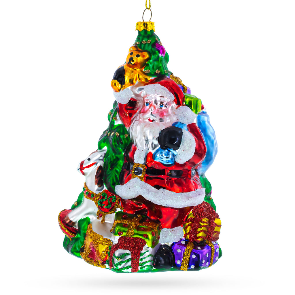 Santa with Christmas Tree and Gifts Glass Ornament in Red color Figurine