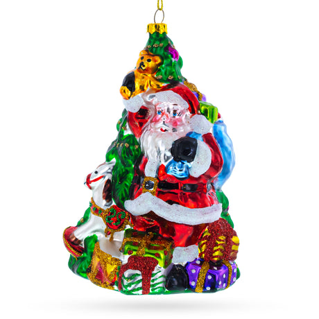 Santa Presenting Gifts Beside Christmas Tree Glass Ornament in Multi color Triangle