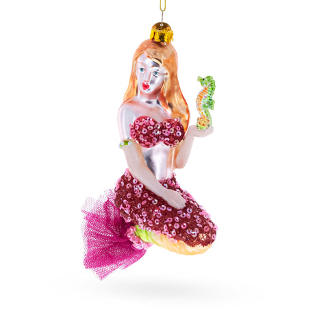 Mermaid Holding a Seahorse Blown Glass Christmas Ornament in  color