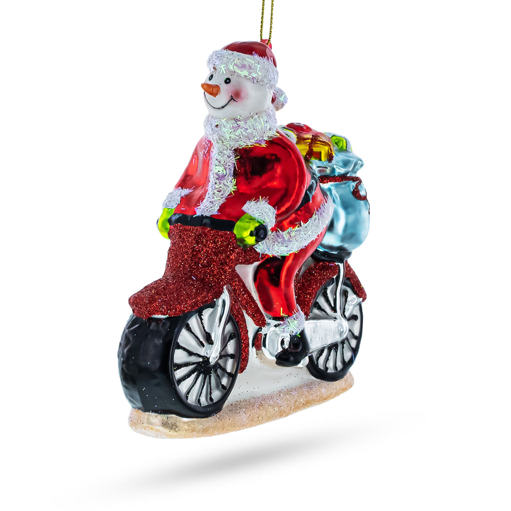Snowman Biker on the Road Glass Christmas Ornament in Red color Figurine