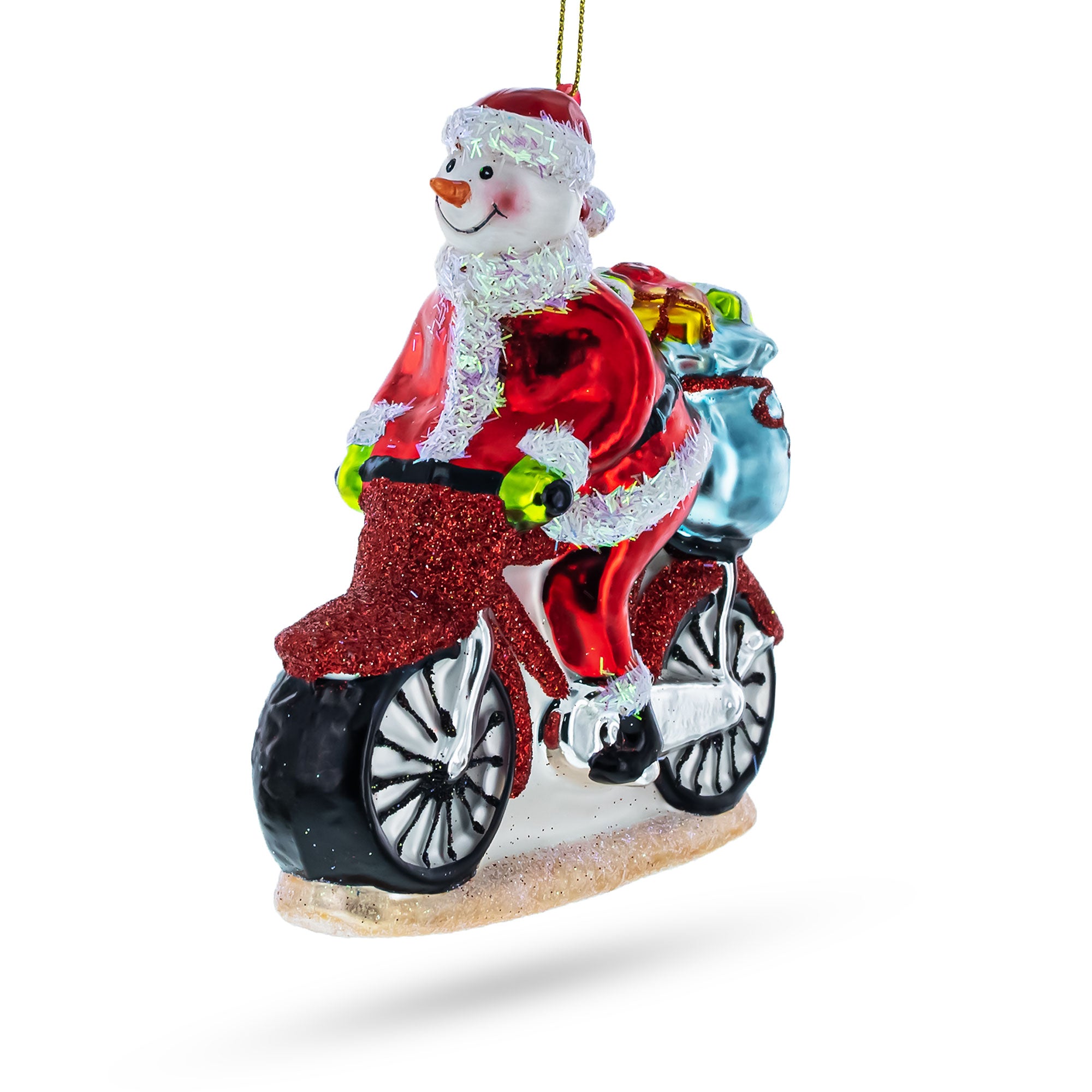 Snowman Biker on the Road Glass Christmas Ornament in Red color Figurine