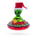 Santa Alien in UFO Glass Christmas Ornament in Green color Figurine