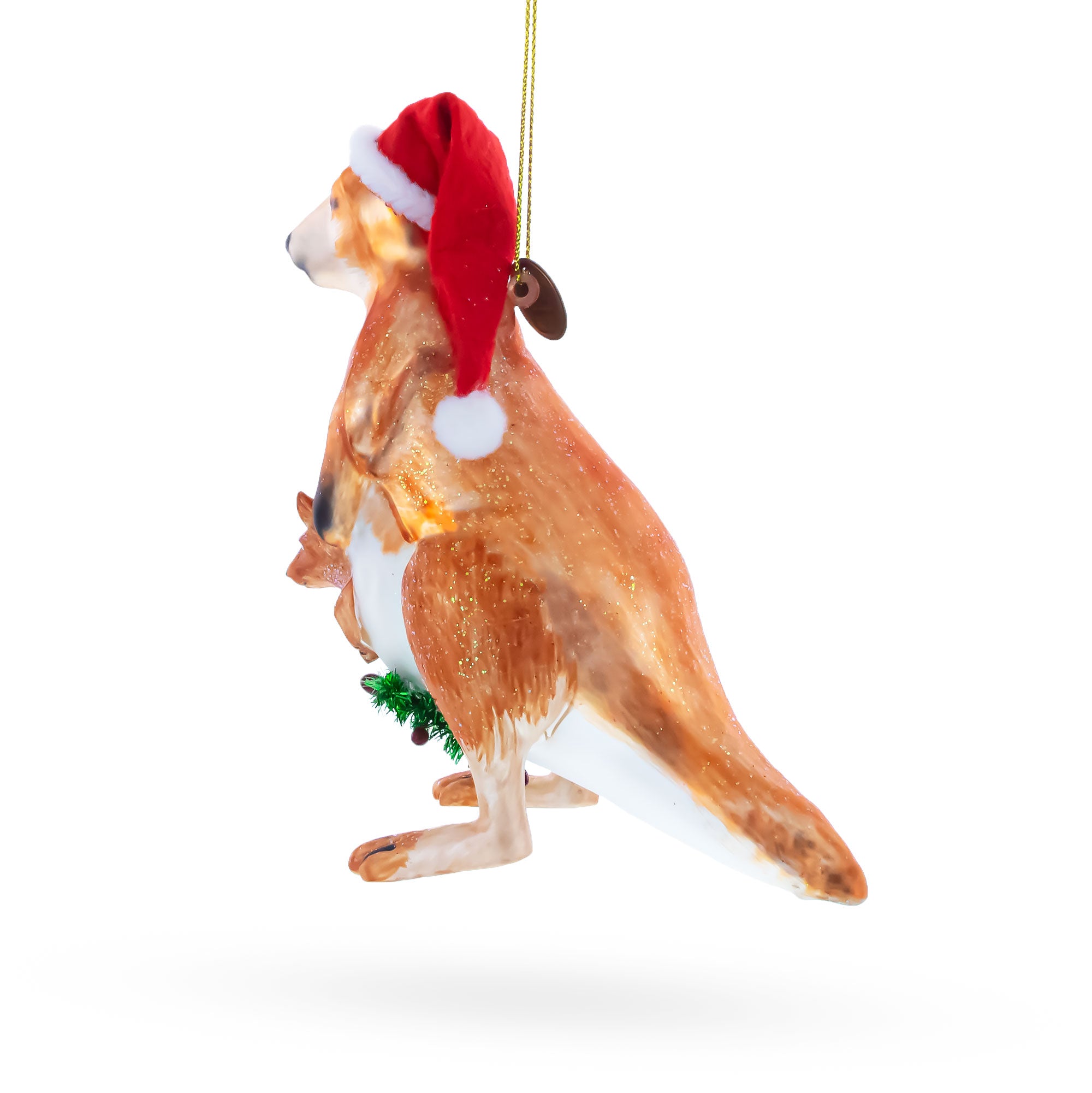 Kangaroo in Santa Hat with Joey Glass Christmas OrnamentChina , dimensions in inches: 4.6 x 4.3 x