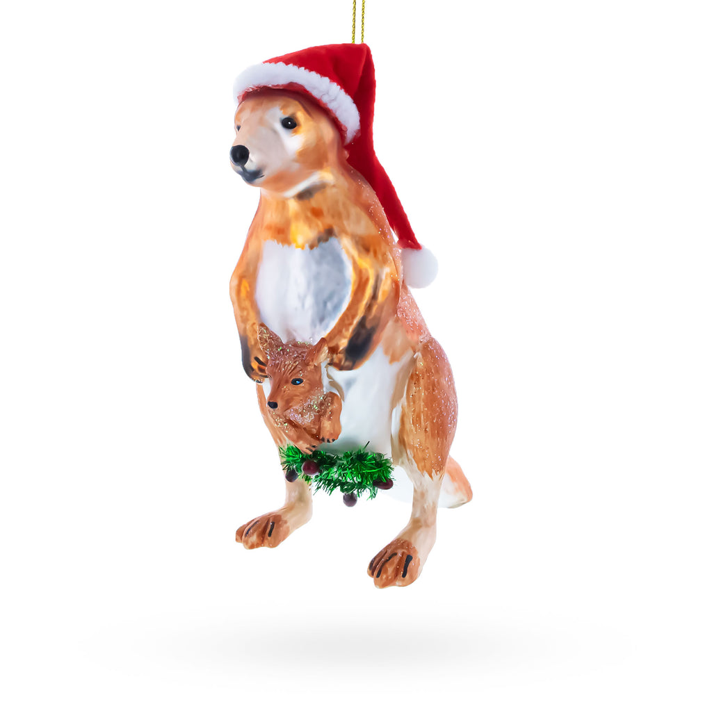 Kangaroo in Santa Hat with Joey Glass Christmas Ornament in Brown color Figurine