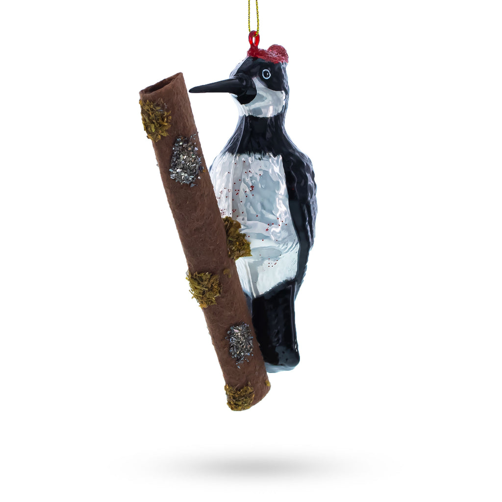 Woodpecker Perched on a Branch Glass Christmas Ornament in Multi color Figurine