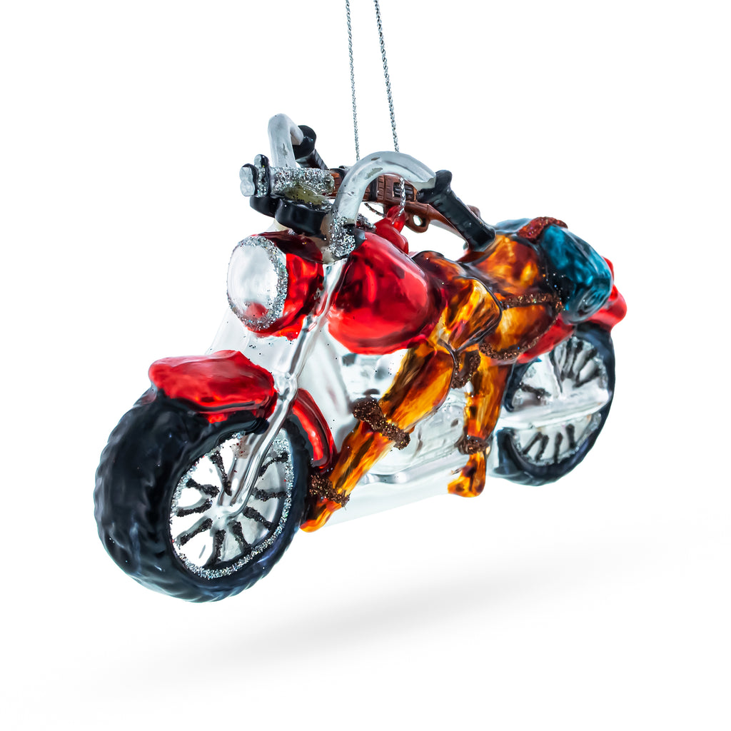 Rugged Hunter's Motorcycle Glass Christmas Ornament in Red color Figurine