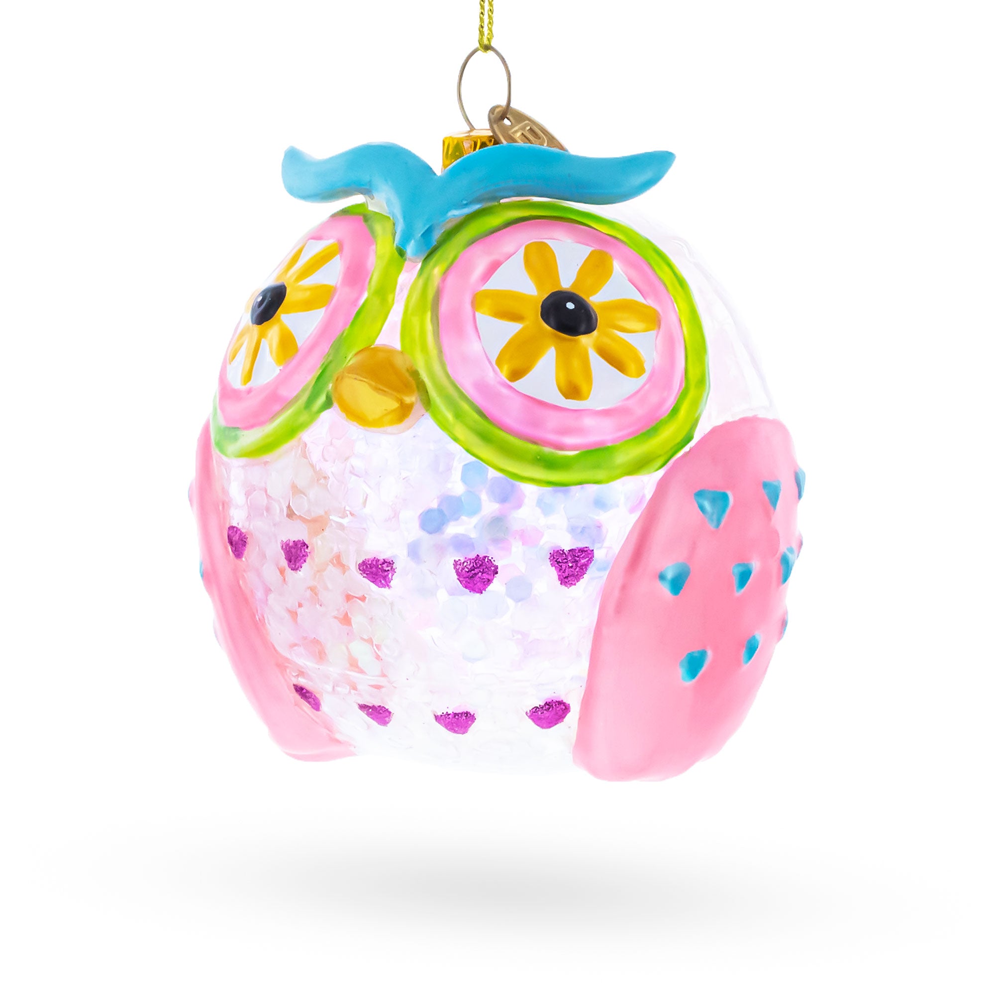 Sage Wise Owl Glass Christmas Ornament in Pink color Figurine