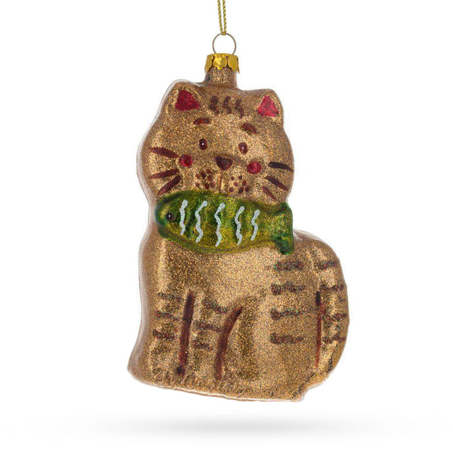 Sparkling Glittered Gingerbread Cat Holding a Fish Glass Christmas Ornament in Brown color
