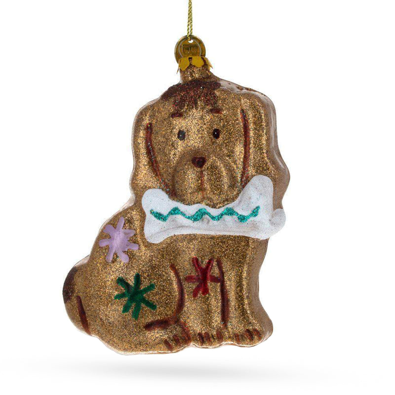 Dazzling Glitter Spaniel Dog Clutching a Bone - Blown Glass Christmas Ornament in Brown color,  shape