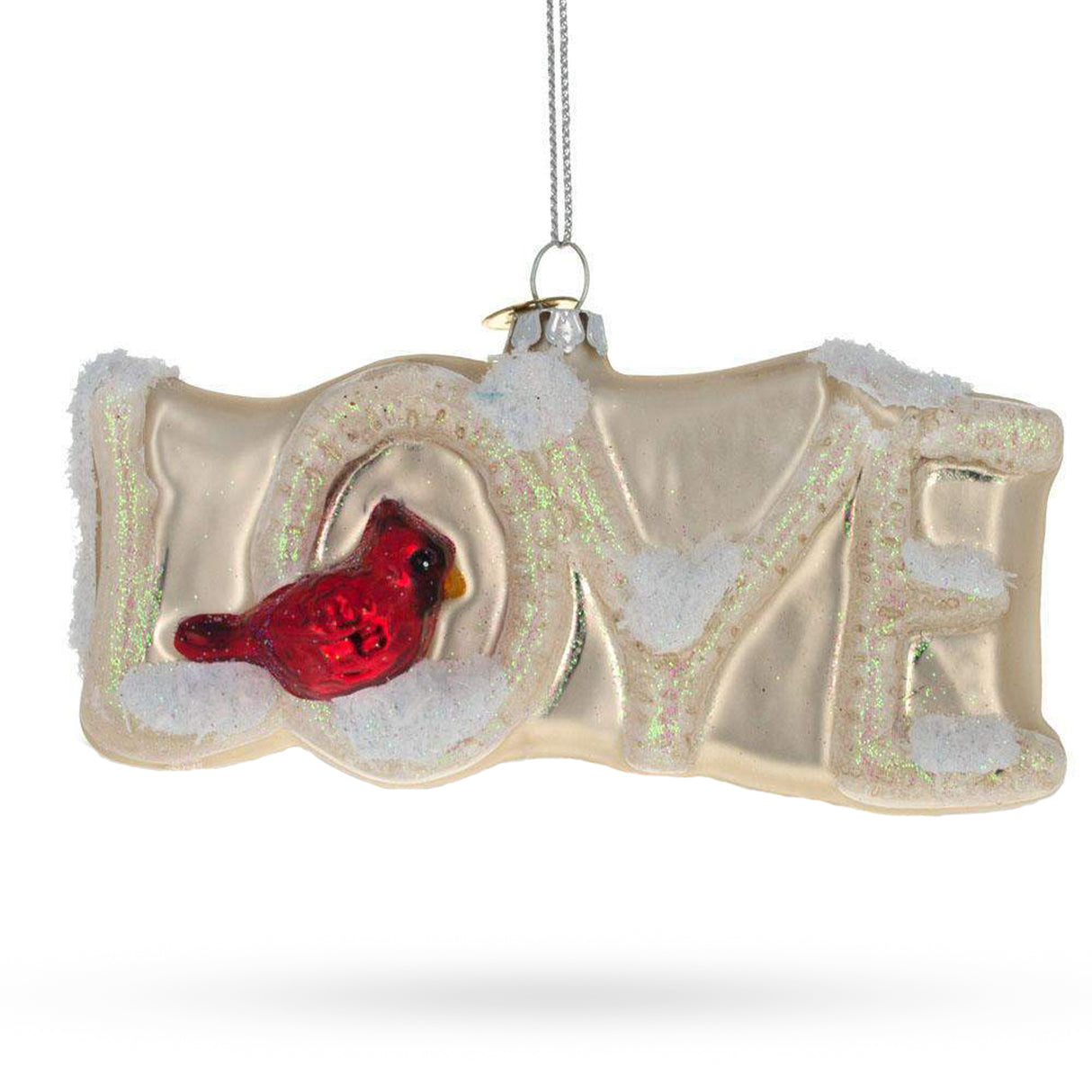 Love Letters Red Cardinal Perched on Branch - Blown Glass Christmas Ornament in Ivory color,  shape