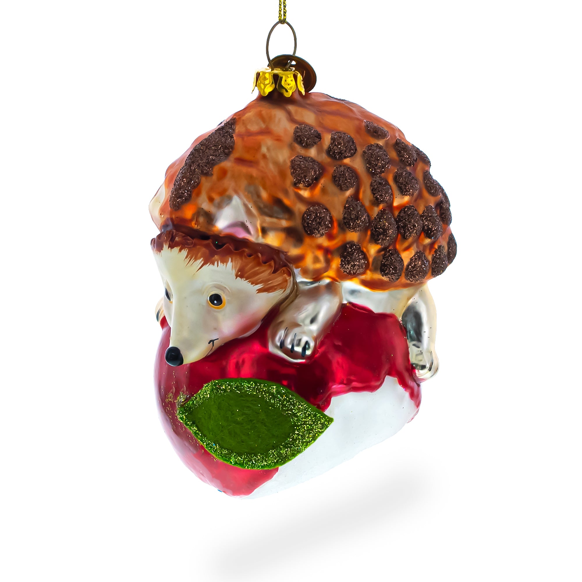 Hedgehog Savoring a Red Apple Glass Christmas Ornament in Brown color Figurine