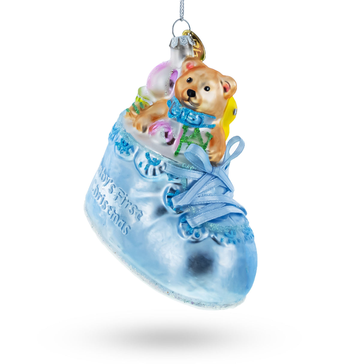 Teddy Bear Nestled in a Blue Shoe for Baby's First - Blown Glass Christmas Ornament in Blue color,  shape