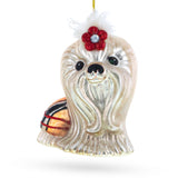 Charming Shih Tzu Chrysanthemum Dog Glass Christmas Ornament in Ivory color