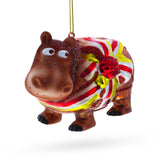 Playful Hippo with Gift - Blown Glass Christmas Ornament in Multi color,  shape