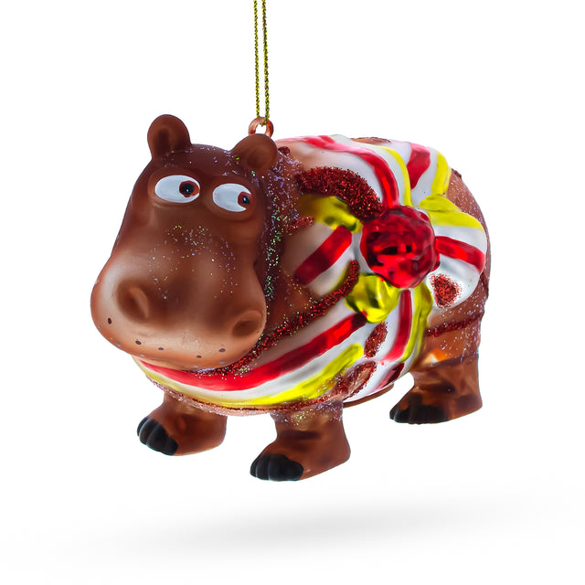 Glass Playful Hippo with Gift - Blown Glass Christmas Ornament in Multi color