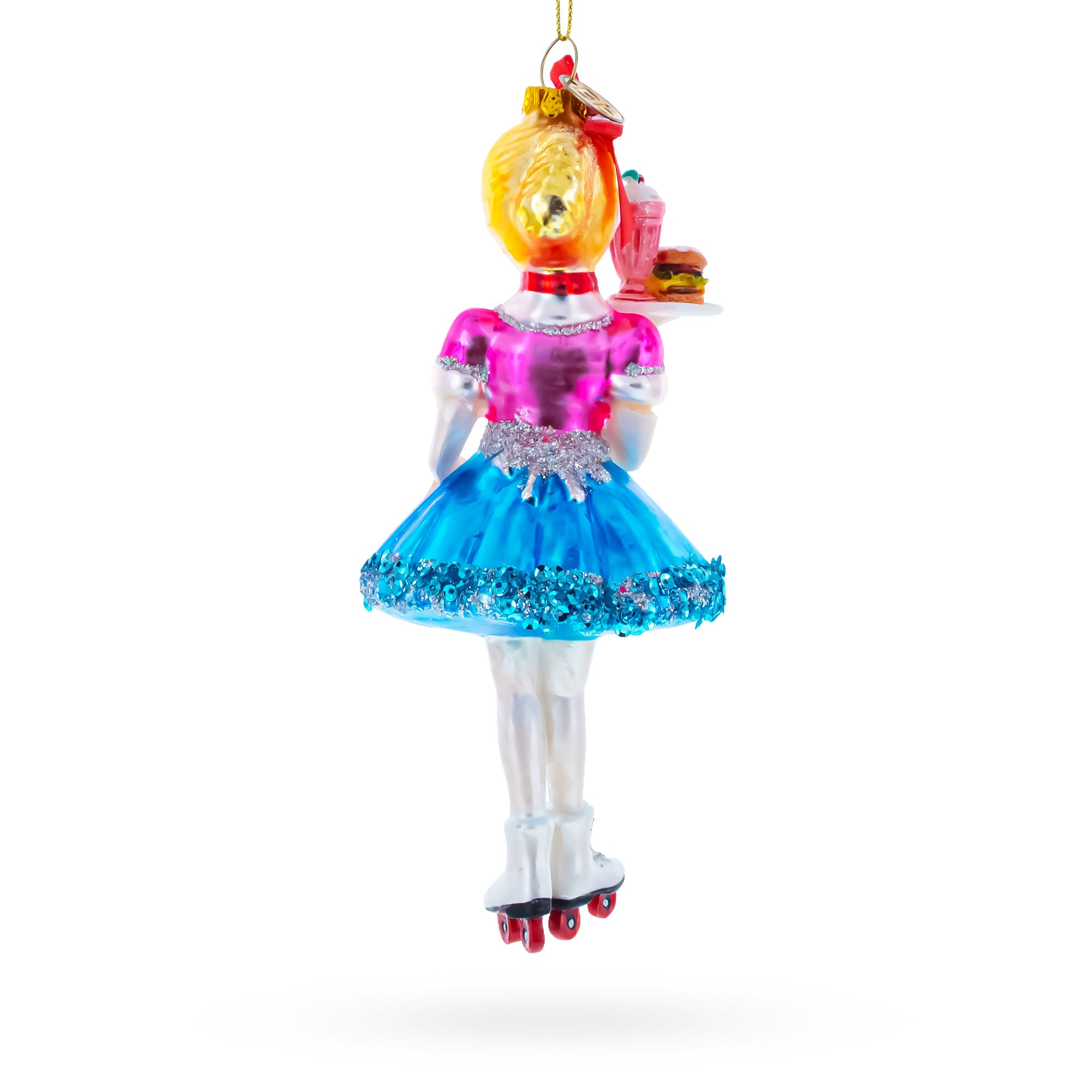 Waitress Carrying Food Glass Christmas OrnamentChina , dimensions in inches: 6.89 x 2.76 x 2.52