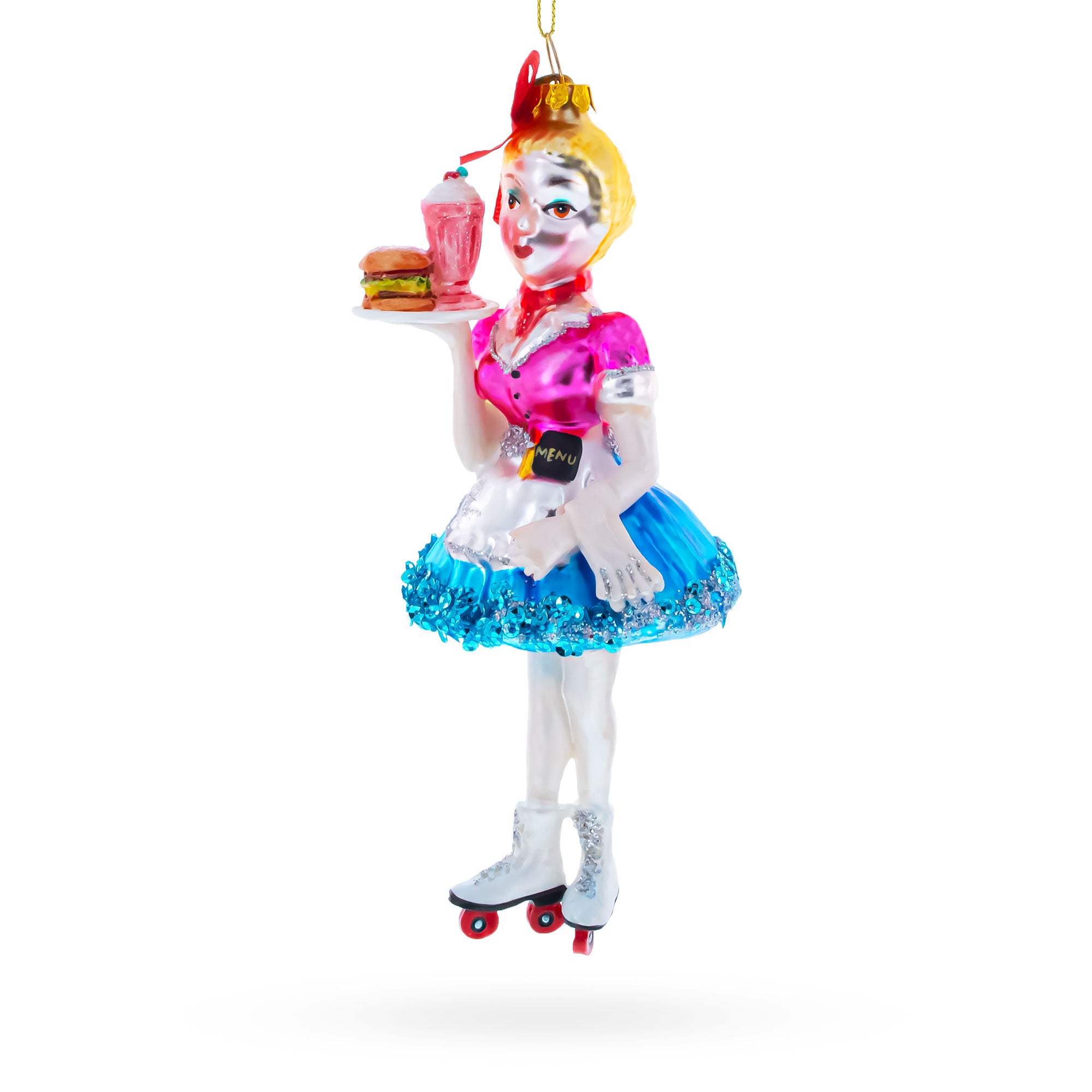 Waitress Carrying Food Glass Christmas Ornament in Pink color Figurine