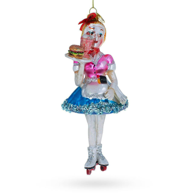 Attentive Waitress Carrying Food - Blown Glass Christmas Ornament in Multi color,  shape