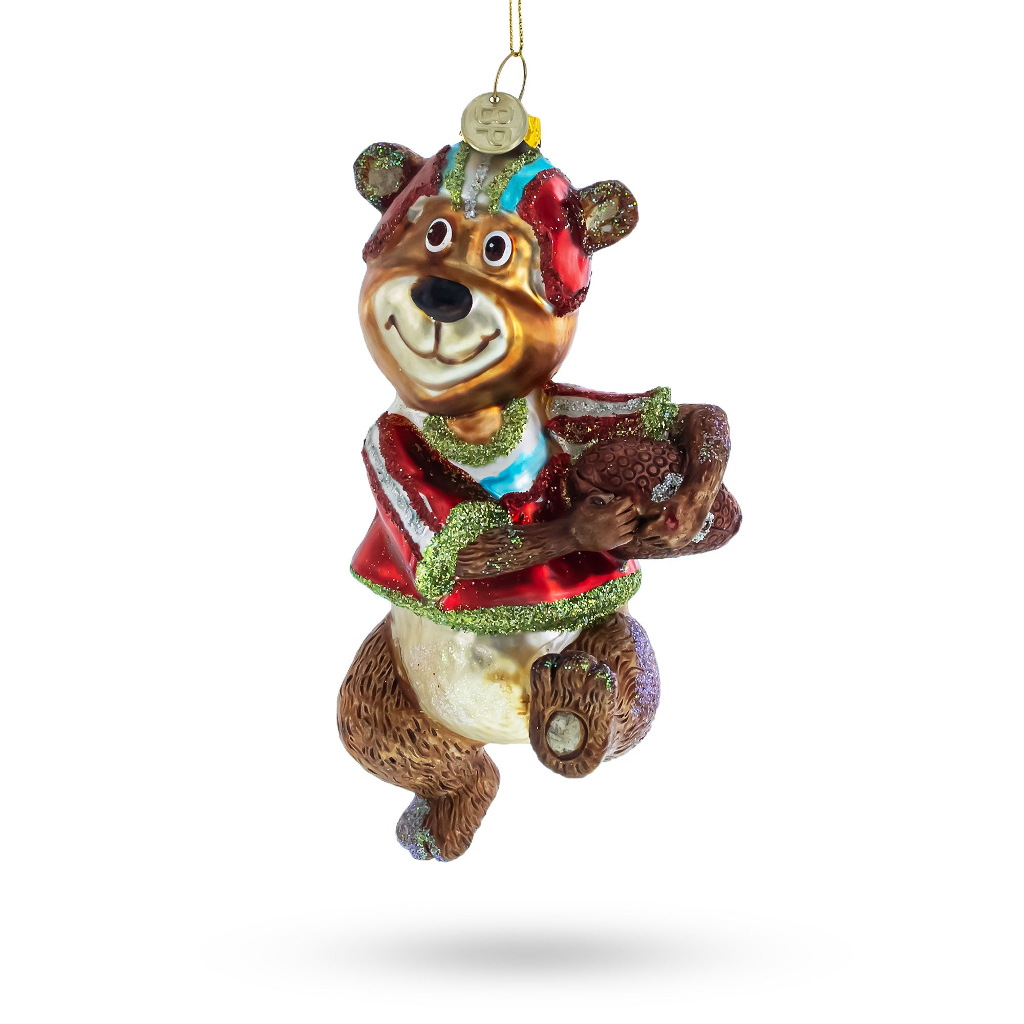 Bear Engaged in Football Glass Christmas Ornament in Brown color Figurine
