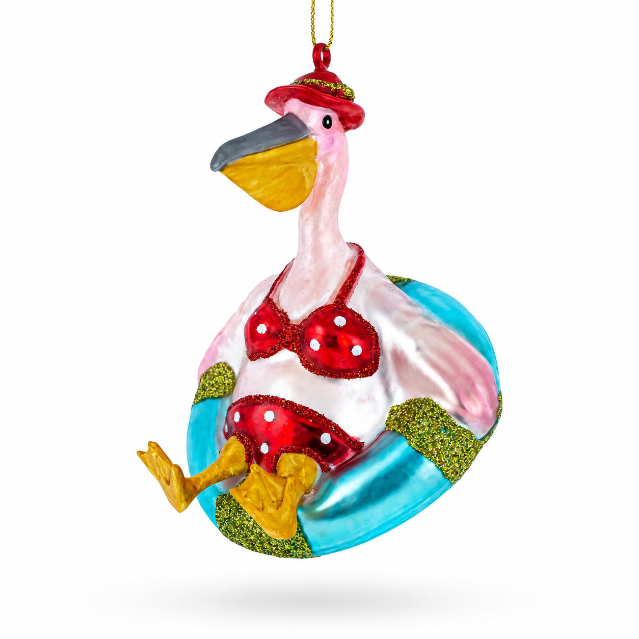 Pelican in Red Swimsuit with Hat on Pool Float Glass Christmas Ornament in Pink color Figurine