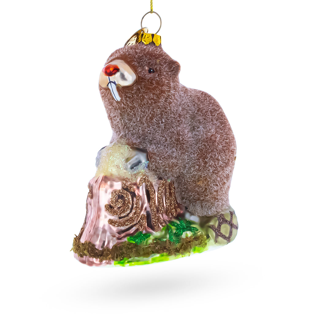 Beaver Holding a Log Glass Christmas Ornament in Brown color Figurine