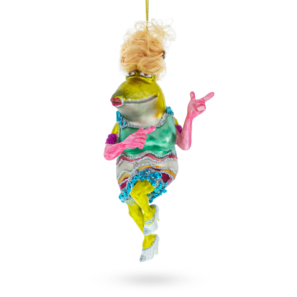 Funky Disco Dancing Frog Glass Christmas Ornament in Yellow color Figurine