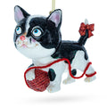Kitten Entangled with Yarn Ball Glass Christmas Ornament in Black color Figurine