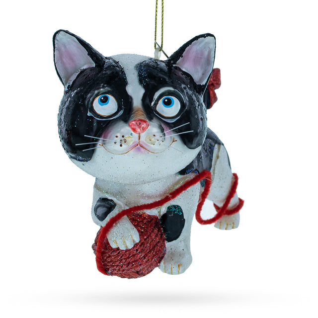 Playful Cat Entangled with Yarn Ball - Blown Glass Christmas Ornament in Multi color,  shape