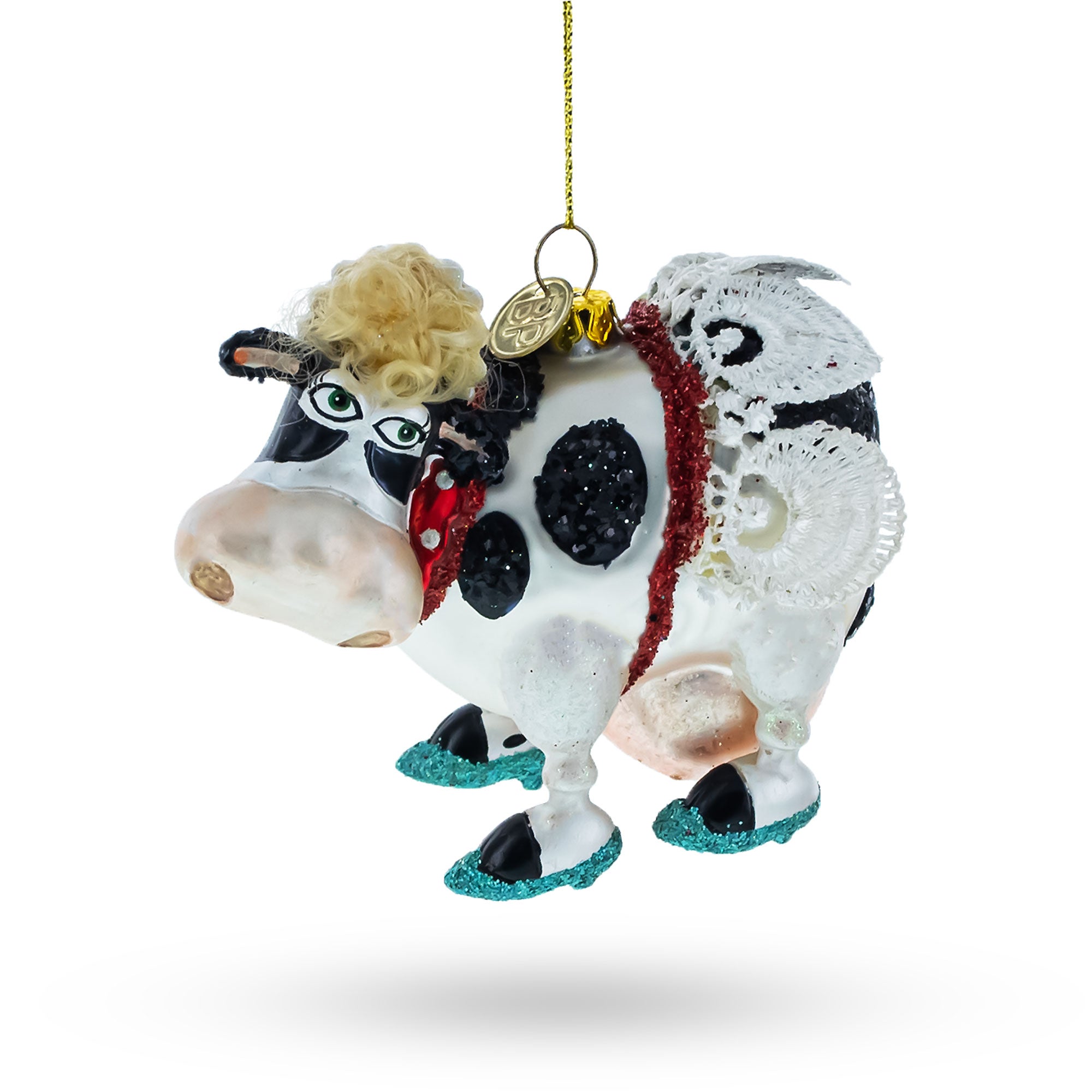 Fantastical Cow Sporting Wings Glass Christmas Ornament in Multi color Figurine