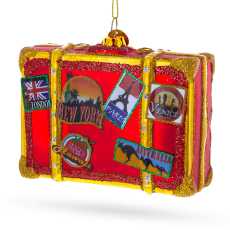 Well-Traveled Suitcase Blown Glass Christmas Ornament in Multi color
