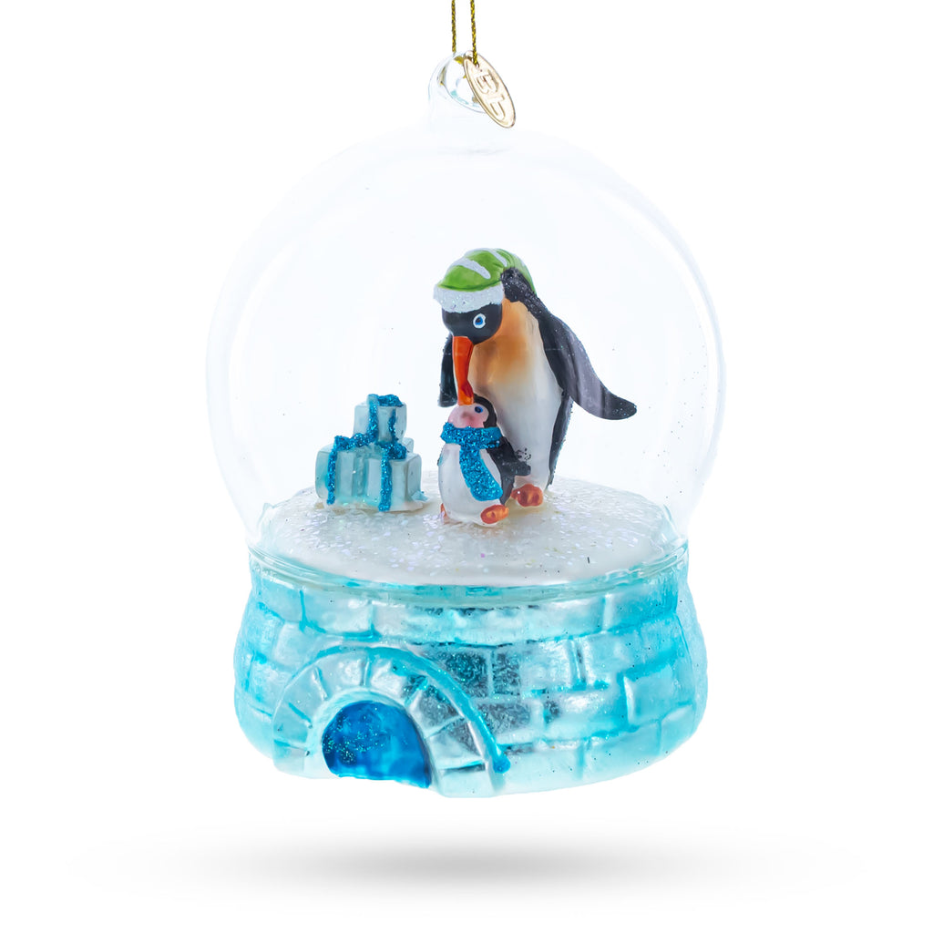 Glass Penguins in the Igloo Dome - Blown Glass Christmas Ornament in White color