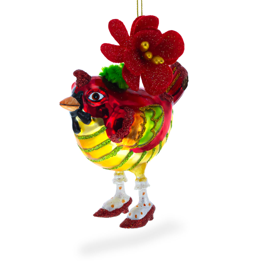 Hen Adorned with a Hat Glass Christmas Ornament in Red color Figurine