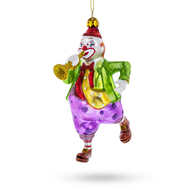 Jovial Clown Performing on Trumpet - Blown Glass Christmas Ornament in Multi color,  shape