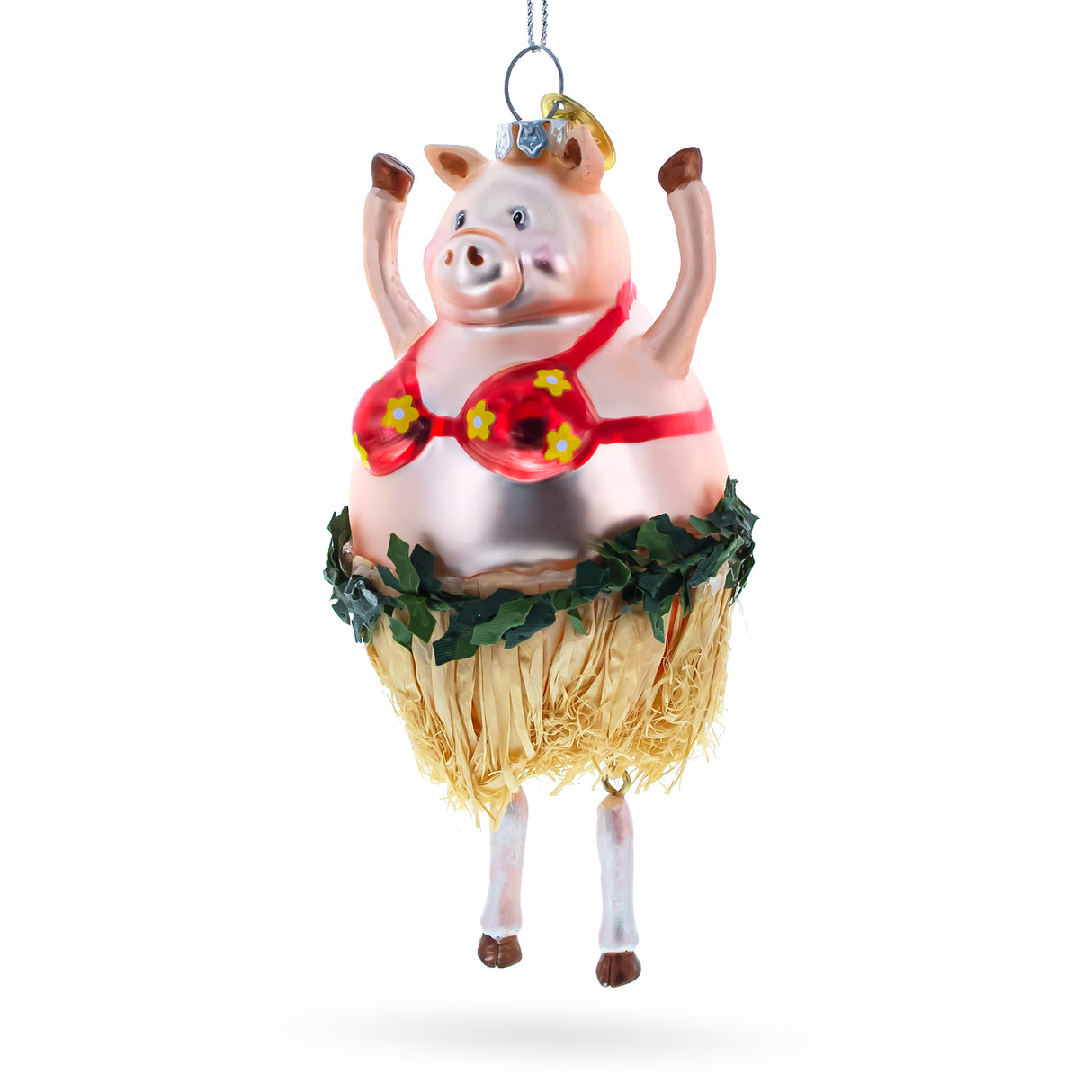Jubilant Pig Dancing in a Bra - Blown Glass Christmas Ornament in Multi color,  shape