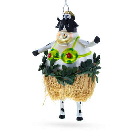 Exuberant Cow Dancing in a Bra - Blown Glass Christmas Ornament in Multi color,  shape