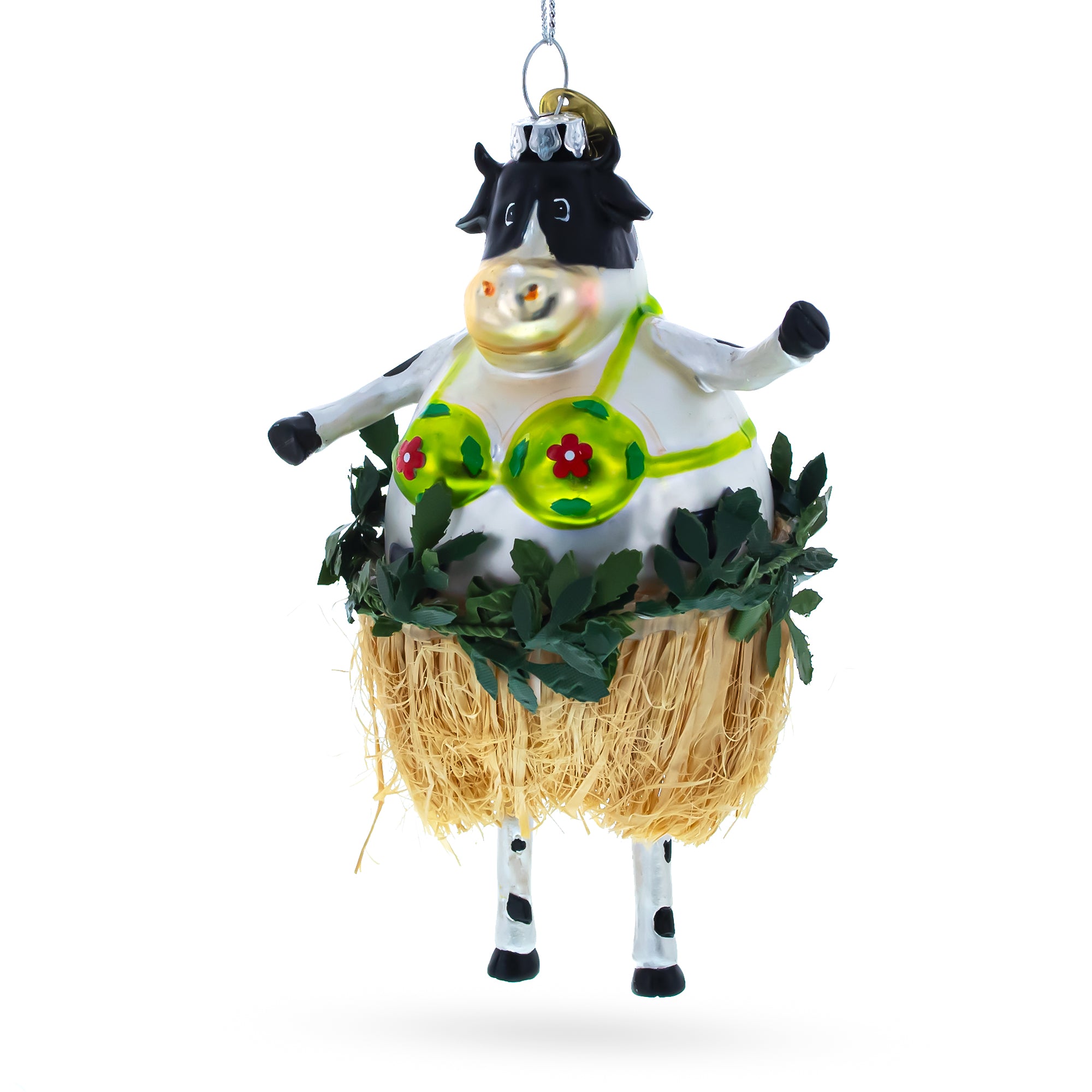 Cow in Grass Skirt and Floral Bikini Glass Christmas Ornament in Silver color Figurine