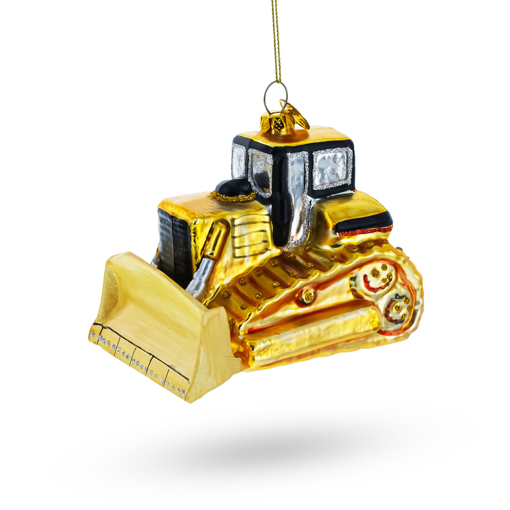 Rugged Bulldozer Blown Glass Christmas Ornament in Yellow color Figurine