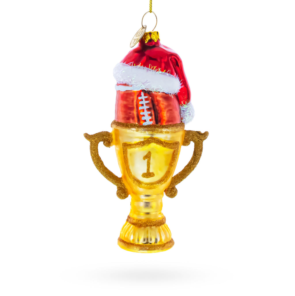 Football Trophy in Santa Hat Glass Christmas Ornament in Yellow color Figurine