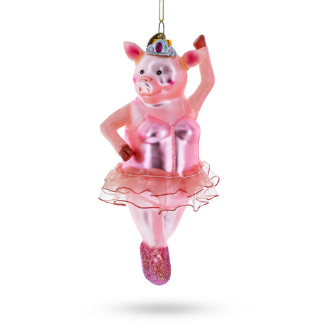 Graceful Pig Dancing Ballet - Blown Glass Christmas Ornament in Pink color,  shape
