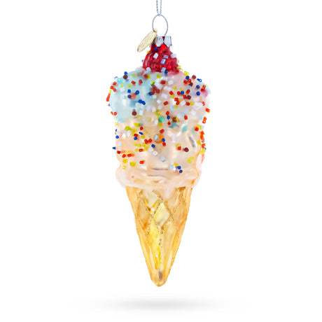 Sprinkled Ice Cream Cone Blown Glass Christmas Ornament in Multi color