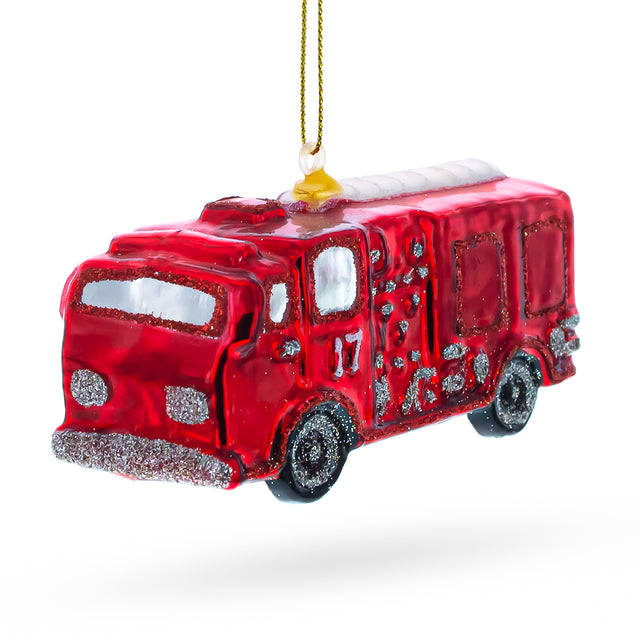 Classic Fire Truck - Blown Glass Christmas Ornament in Red color,  shape
