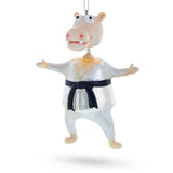 Martial Arts Karate Hippo - Blown Glass Christmas Ornament in White color,  shape