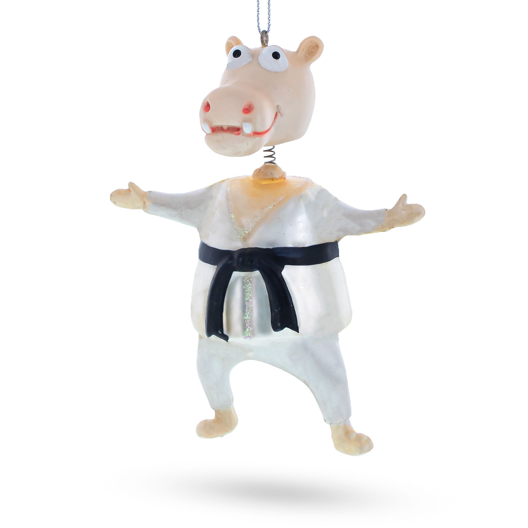 Martial Arts Karate Hippo Glass Christmas Ornament in White color Figurine