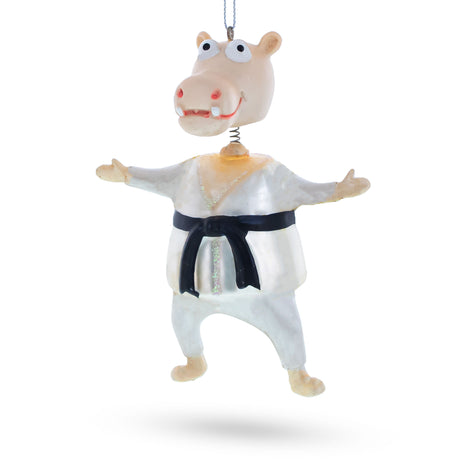 Martial Arts Karate Hippo Blown Glass Christmas Ornament in White color