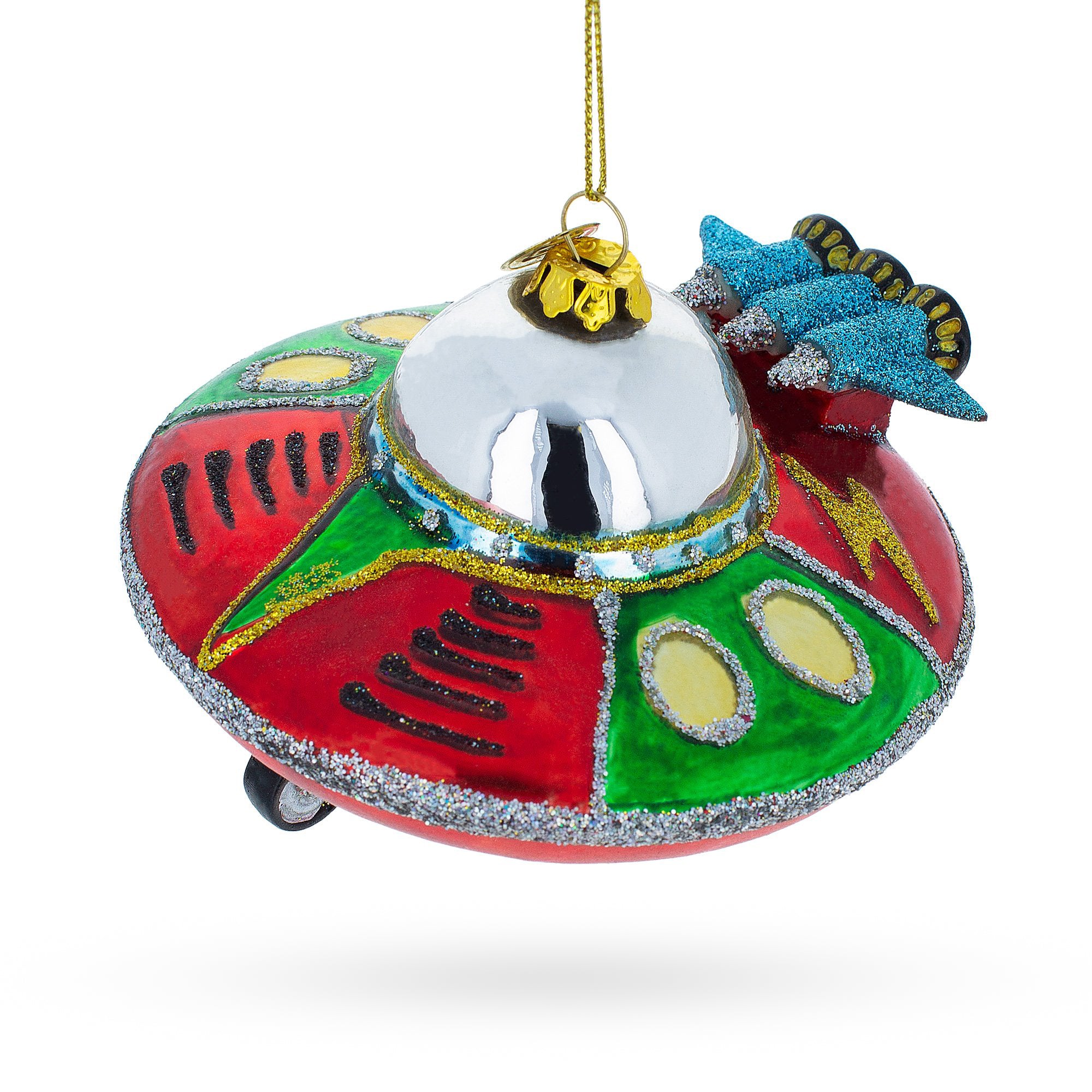 Mysterious UFO / Alien Saucer Blown Glass Christmas Ornament in Multi color Figurine