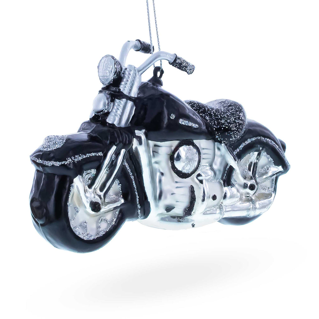 Black & White Motorcycle Glass Christmas Ornament in Black color Figurine