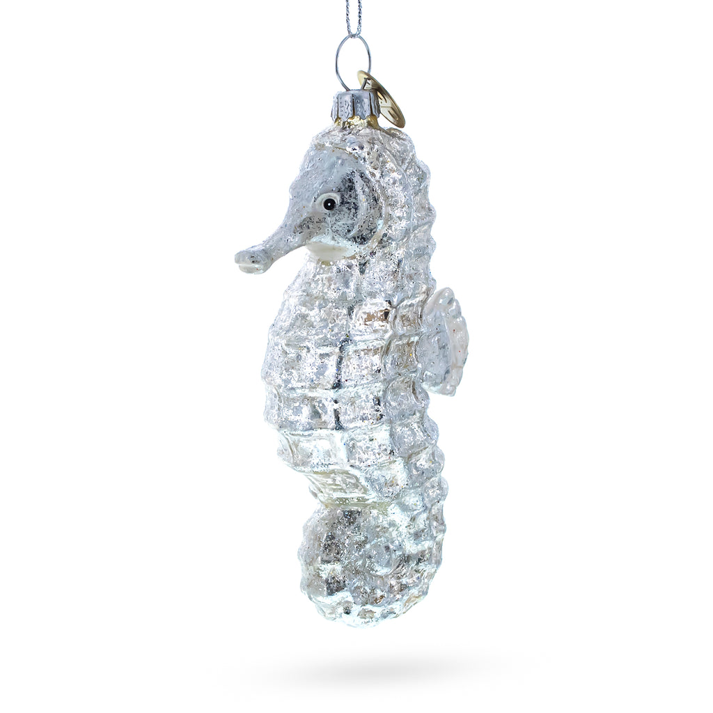 Silver Seahorse Glass Christmas Ornament in Silver color Figurine