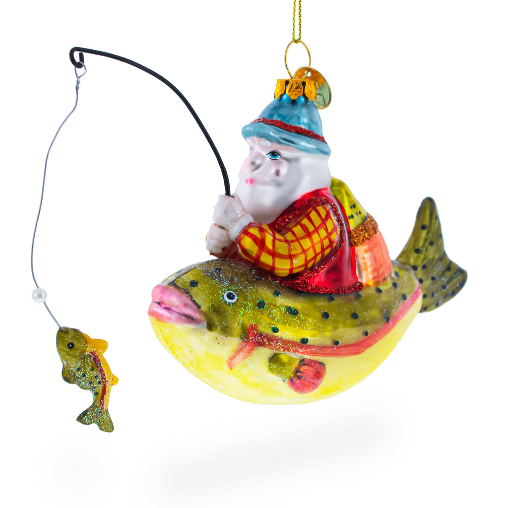 Santa Fishing on Boat Glass Christmas Ornament in Green color Figurine